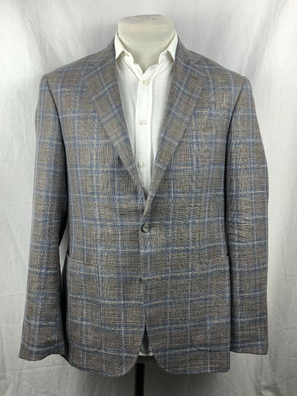 Canali Kei Sport Coat Blazer Mens 52R Gray Blue Windowpane Linen Silk Wool Italy